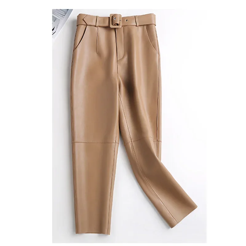 

Fashion 2025 Women's Sheepskin Leather Pants Autumn Brown Slim Pants Office Lady Pencil Black Ladies Skinny Sheepskin Leather