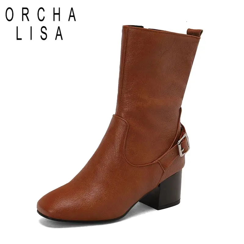 

ORCHA LISA 2025 Casual Female Mid Calf Boots Square Toe Chunky Heels 5.5cm Zipper Plus Size 47 48 49 50 Soft Daily Women Booties