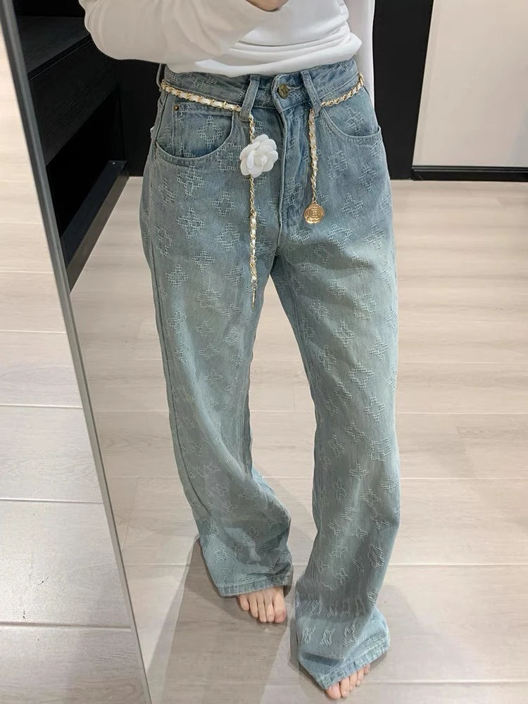

Retro Korean High Waist Loose Wide Leg Jeans Women's Slim Fit Diamond Pattern Embroidery Design Casual Pure Color Denim Pants