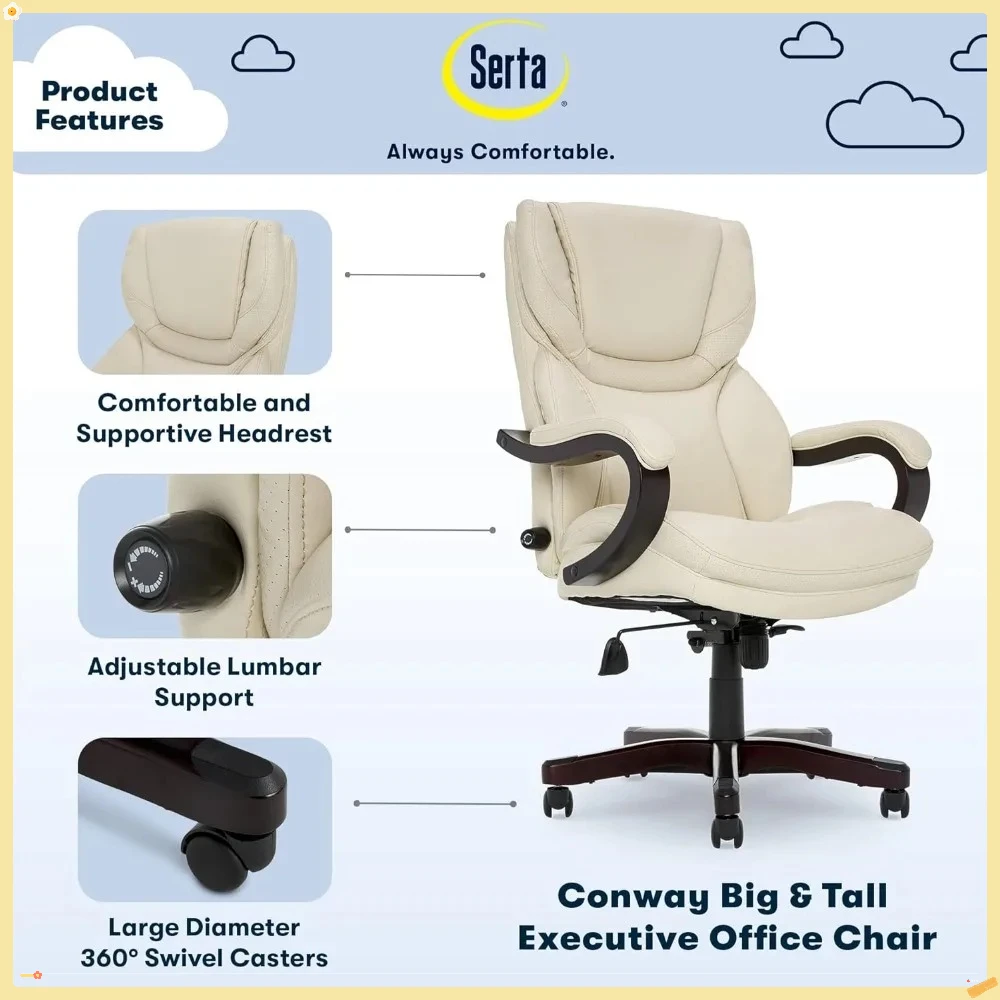 Kursi Kantor Eksekutif Besar & Tinggi, Ergonomis dengan Sandaran Tinggi dan Penyangga Lumbar yang Dapat Disesuaikan, Bantal Semi Mewah dan Bantal Tubuh