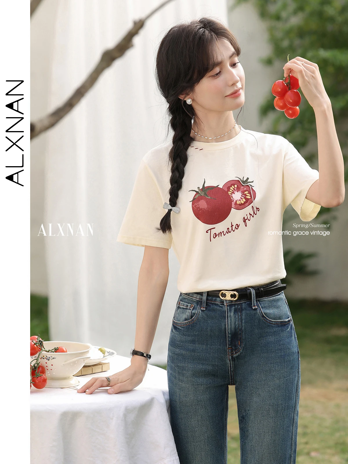 

ALXNAN Printed T-shirt for Women 2025 Summer Casual Loose-fit Cotton T-shirt Office Lady Short Sleeve Tops Ladies L53567 L53872