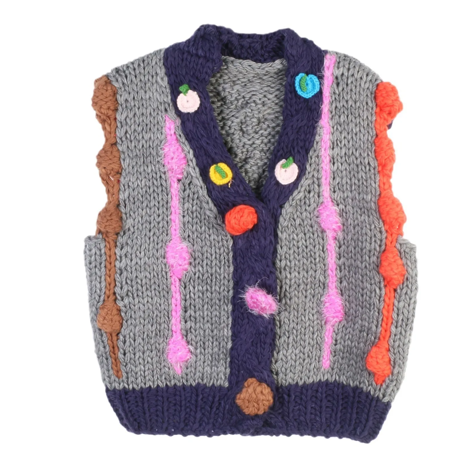 

Винтажный жилет ручной вязки с узором кабеля, кардиган с цветочным принтом и фруктами, воротник с v-образным вырезом и планкой, свитер ручной работы, жилет, топы