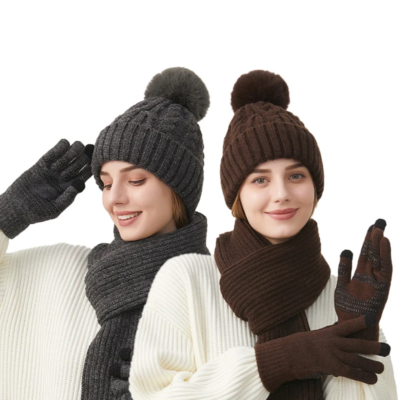 السنة الجديدة عيد الميلاد قبعة حمراء وشاح قفازات 3 قطع مجموعة الخريف الشتاء في الهواء الطلق يندبروف الدافئة متماسكة الخمار القبعات والقبعات للنساء