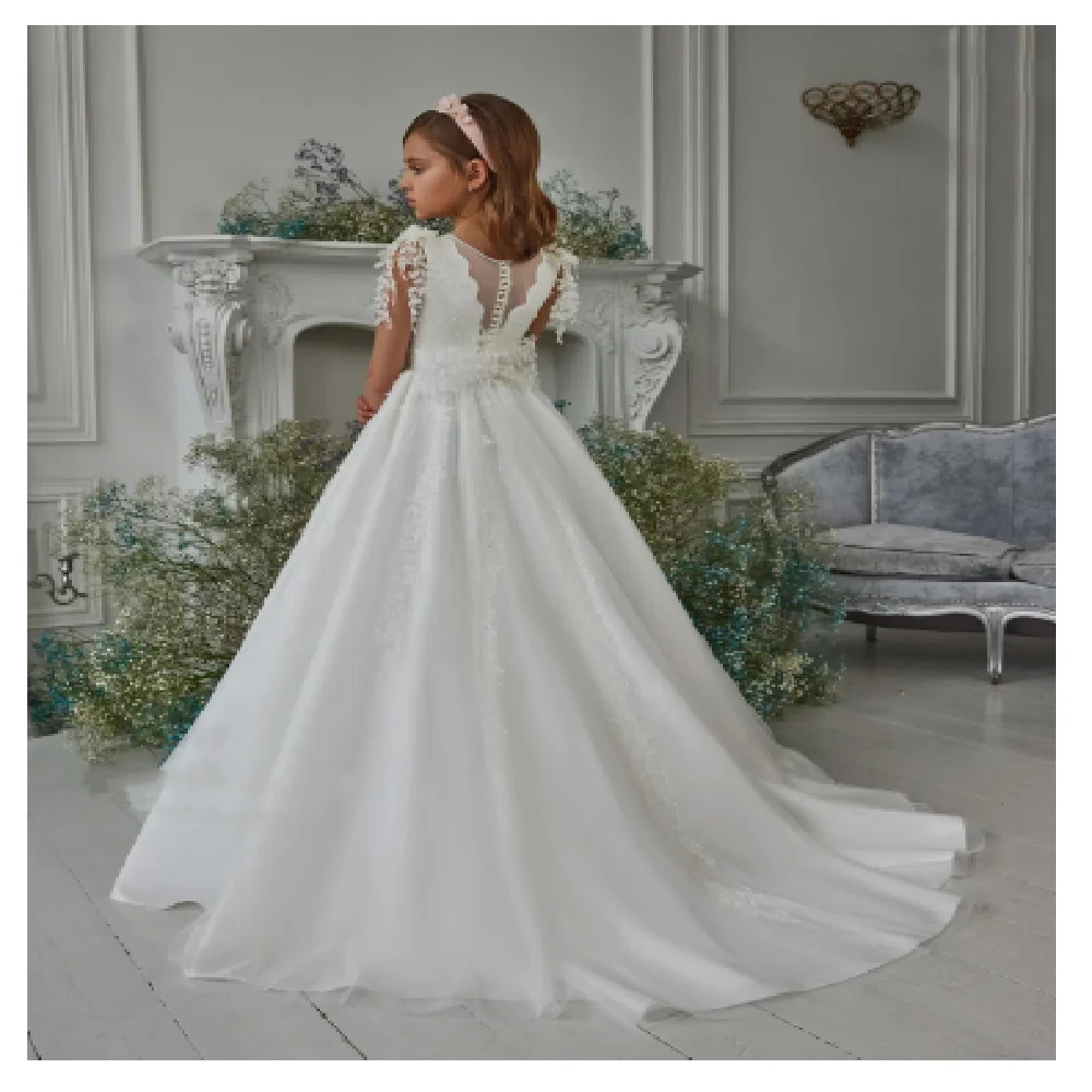 

Elegance White Tulle Lace Gorgeous Flower Girl Dresses Satin A Line Floor Length Custom Made Boho First Communion Dress Birthday