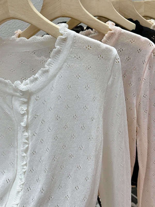 

Pink Knitted ort Thin Air Conditioner Cover up Cardigan Women's Summer Lightweight Open Front Svel Top round Ne