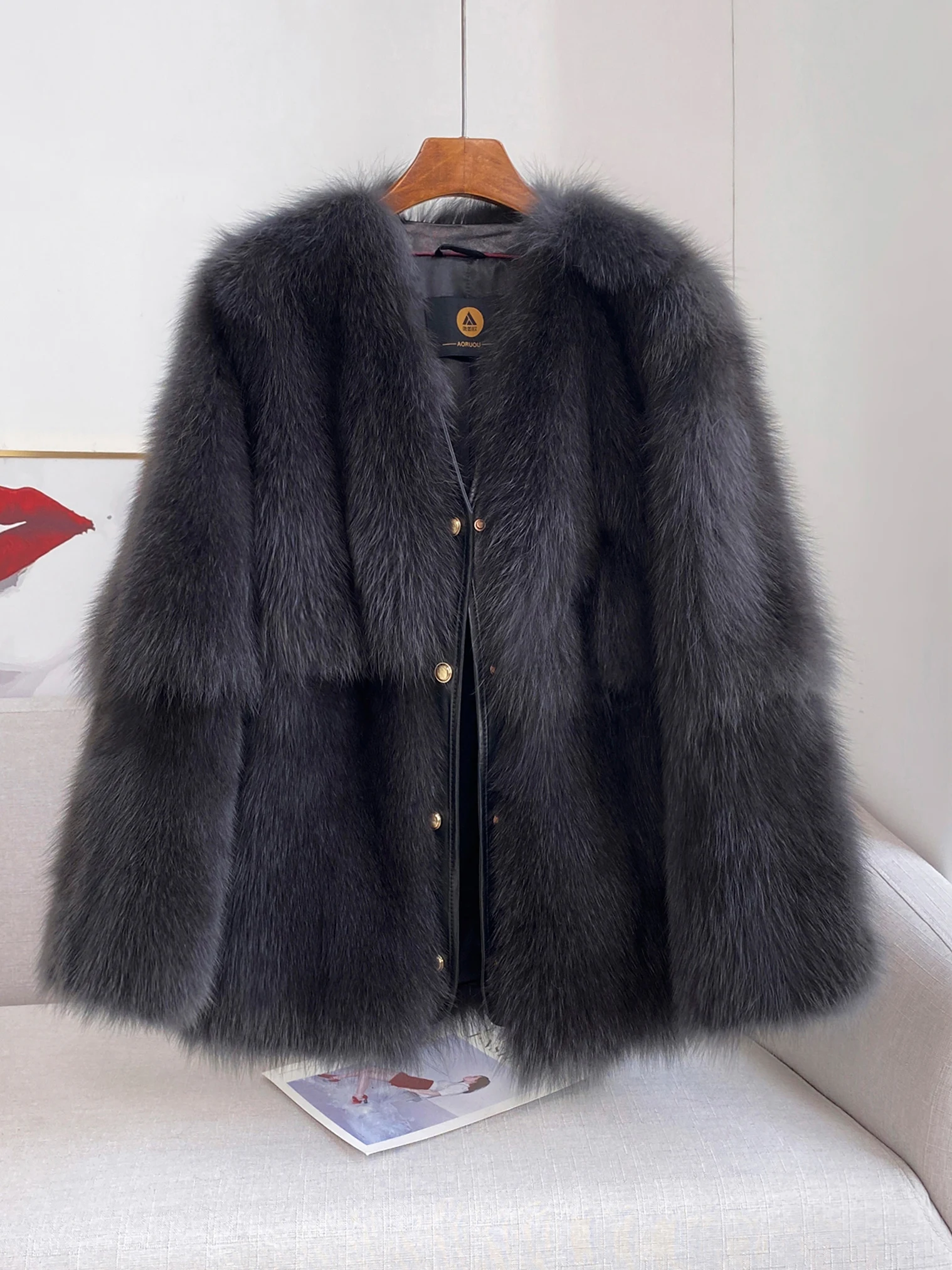 (Fox Beauty) معطف جديد فاخر من فرو الثعلب على شكل حرف V للنساء