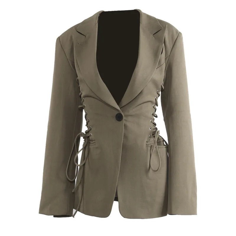 EAEOVNI Fashion Design Blazer Jas Vrouwen Effen Kleur V-hals Lace-up Trekkoord Verzamelde Taille Jas Streetwear 2023 nieuwe