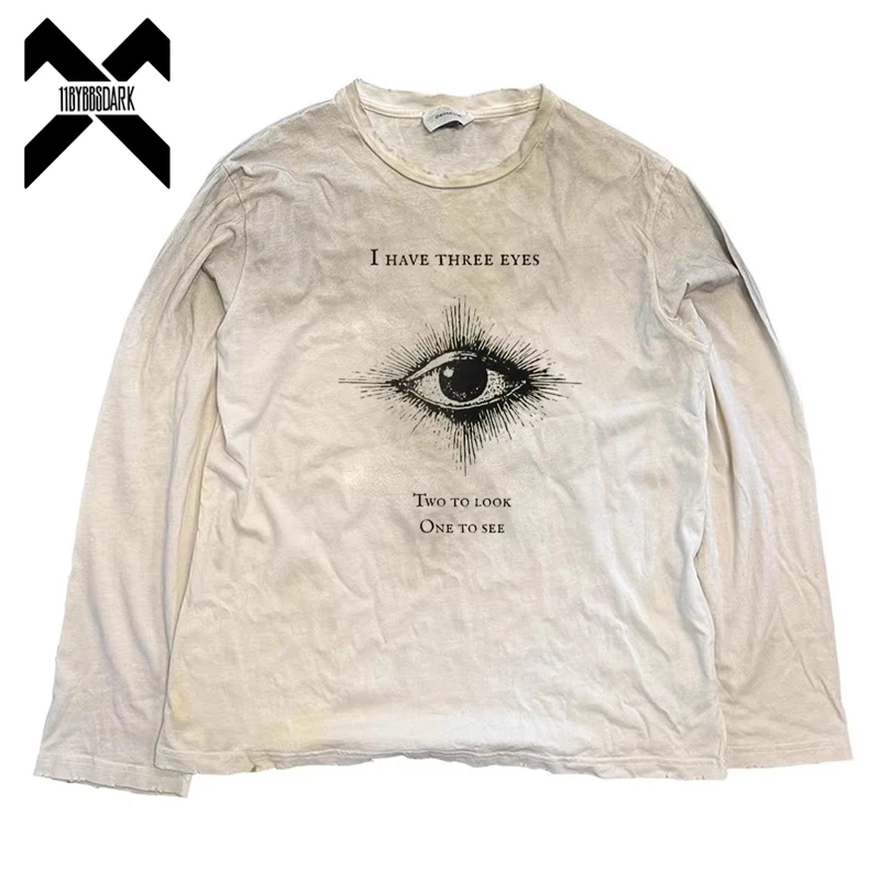 Vintage Washed Long Sleeves T-Shirt 2026 Summer Destroyed Dirty T Shirt Hip Hop Streetwear Cotton Tops Tees