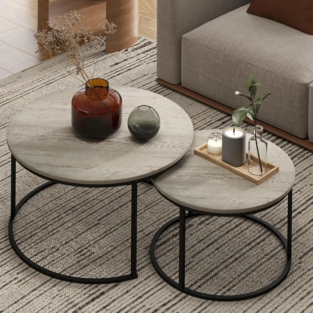 

Nesting Tables Set of 2, 31.5" Round Coffee Table, Small Nesting Coffee Table with Adjustable Non-Slip Fee, Wood Grain Top Nesti