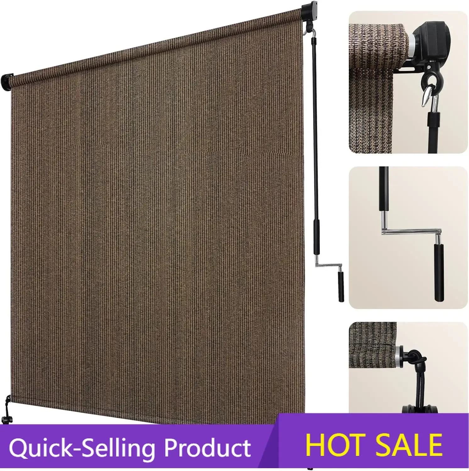 Outdoor Roller Shade 12' W x 8' H, Mocha Exterior Cordless Patio Shades Roll Up Blinds with Spliced Pole Design, One-Piece Fabri