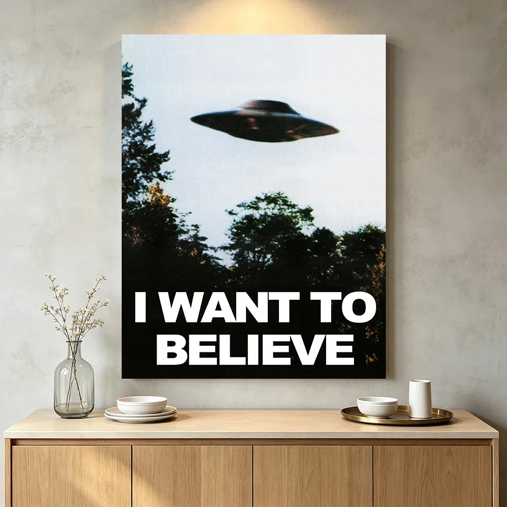 1PC Large-sized frameless canvas paintings,I Want To Believe UFO Canvas Painting Wall Art Vintage X Files Flying Saucer Poster S