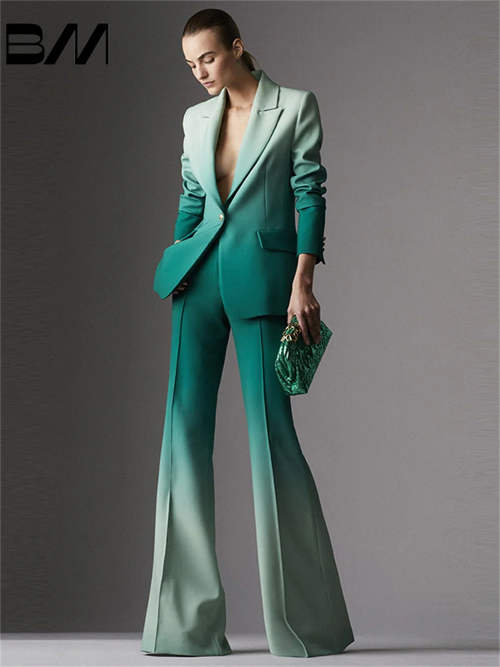 Charming Two-Piece Gradient Slim Fit Suit And Flared Trousers Suit Classic Business Woman Office Wedding Suit