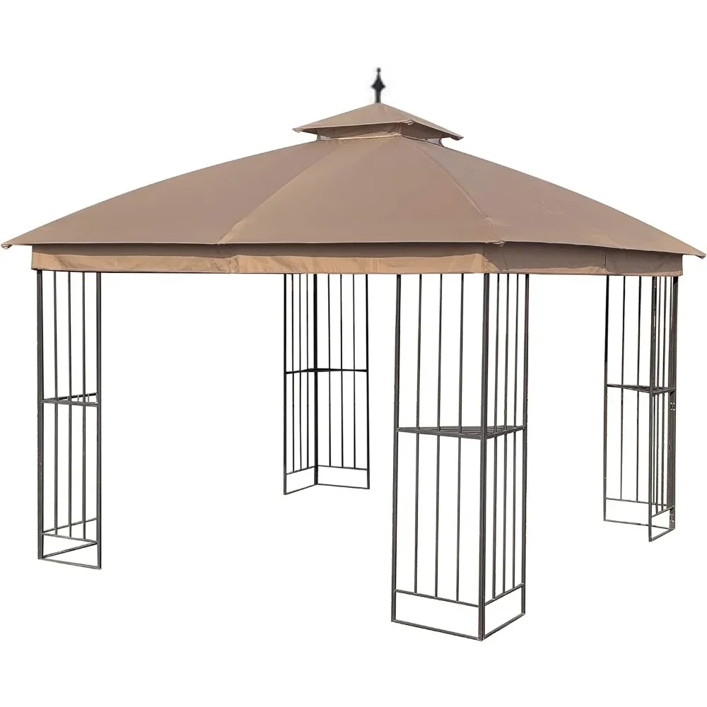 Model of a 10 foot x 10 foot brown metal square semi pavilion on top of the canopy of the garden treasure