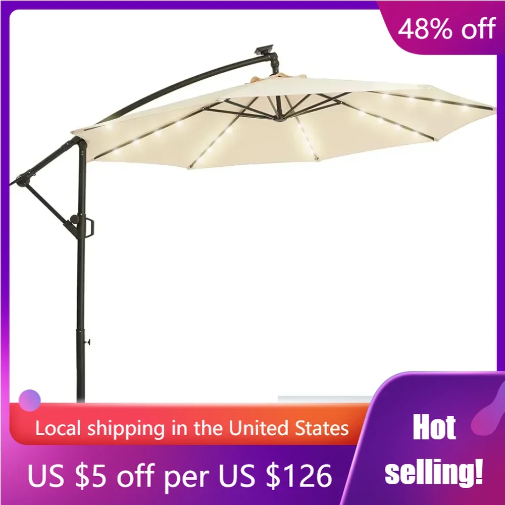 

Beige Parasol Fixing 10FT Solar Patio Offset Umbrella Outdoor Cantilever Umbrella Hanging Umbrellas With Weighted Base Sunshade