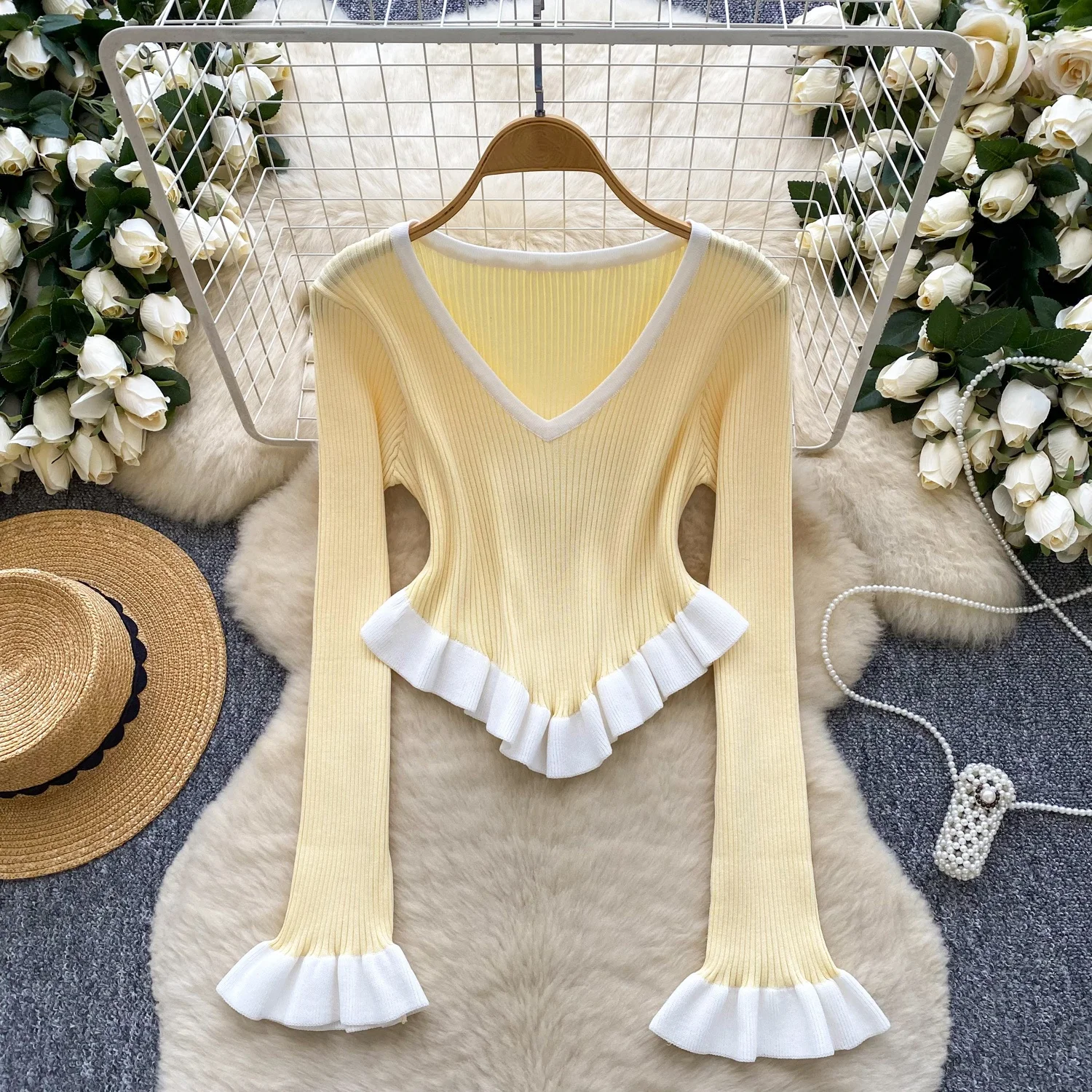 Clothland المرأة الحلو تكدرت المحاصيل الأعلى تقسم طويلة الأكمام غير المتكافئة بلوزة قميص الإناث شيك القمم Blusa LB374 #3