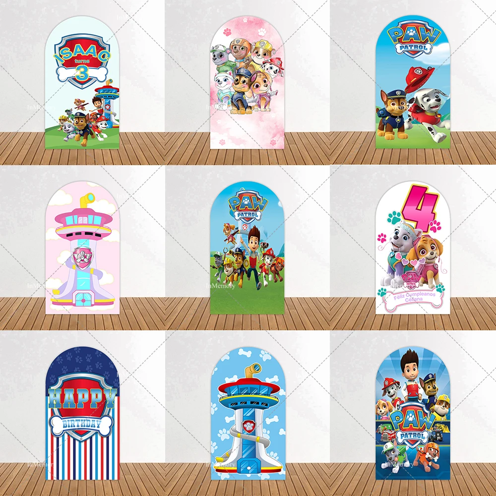 

Декоративный фон-арка для детского дня рождения/вечеринки в стиле «Щенячий патруль»: розовое небо, облака, выглядящая издалека башня-посмотровка