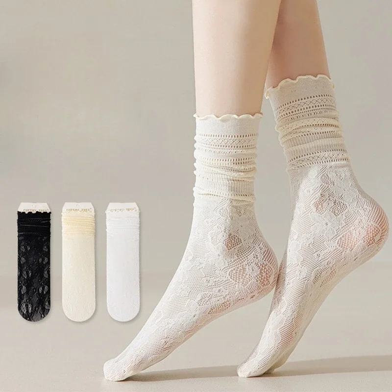 

1/3 Pair Women's Summer Thin Lace Lace Breathable Mesh Hollow Socks Solid Color Sweat Absorbing Simple Comfortable Casual Socks