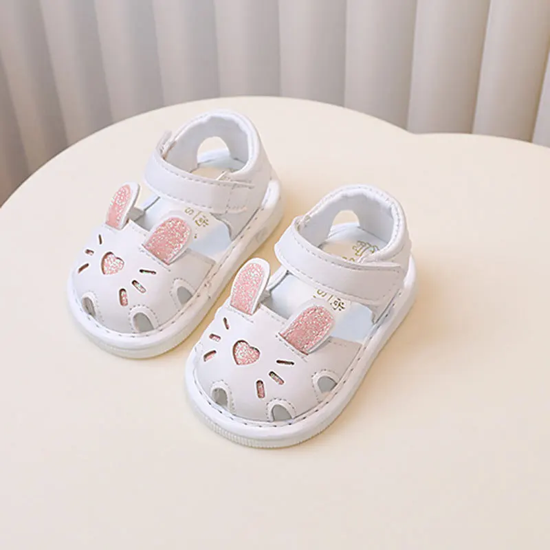 Cute Rabbit Cartoon Children Sandals Summer Baby Girls Sound Sandals Soft Sole PU Hook Loop Barefoot Infant Kids Beach Shoes