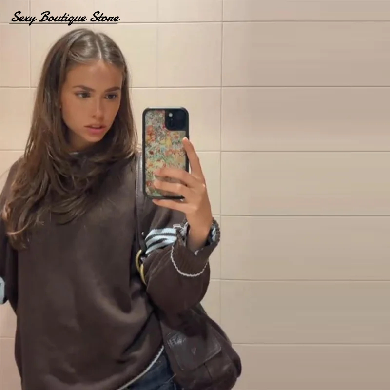 

Autumn Winter Vintage Brown Sweater For Women O Neck Strip Long Sleeve Knit Pullover Loose Coats 2025 New Lady Casual Outwears
