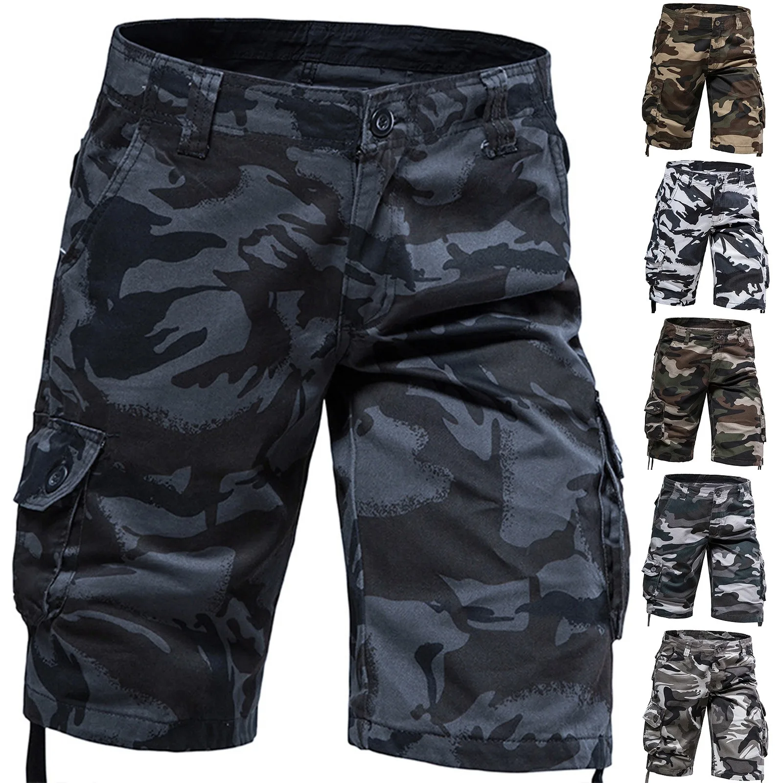 Shorts masculinos de camuflagem, calças largas para lavar, bolsos múltiplos, estilo coreano, verão, 2024