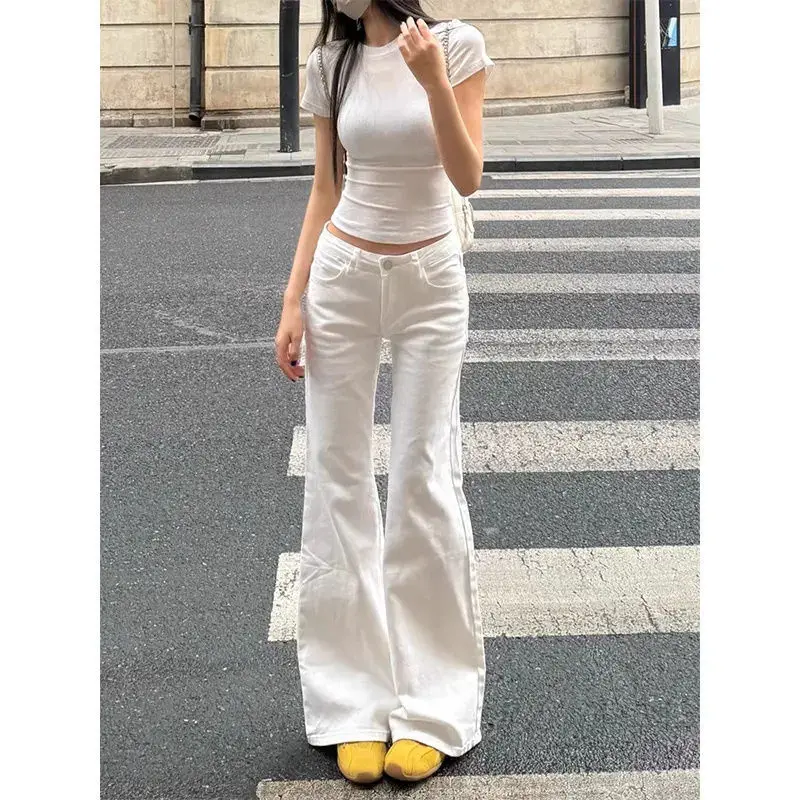 Korean Fashion High Waist White Jeans for Women Streetwear Slimming Micro Flared Denim Pants Woman Vintage Loose Trousers Female