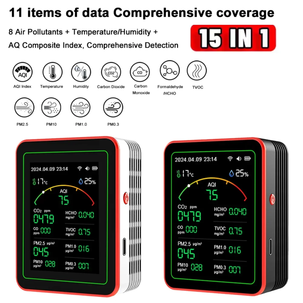 Tuya 15-in-1 WiFi كاشف جودة الهواء AQI PM0.3 PM1.0 PM2.5 PM10 APP التحكم المحمولة CO CO2 TVOC HCHO الكاشف للمنزل
