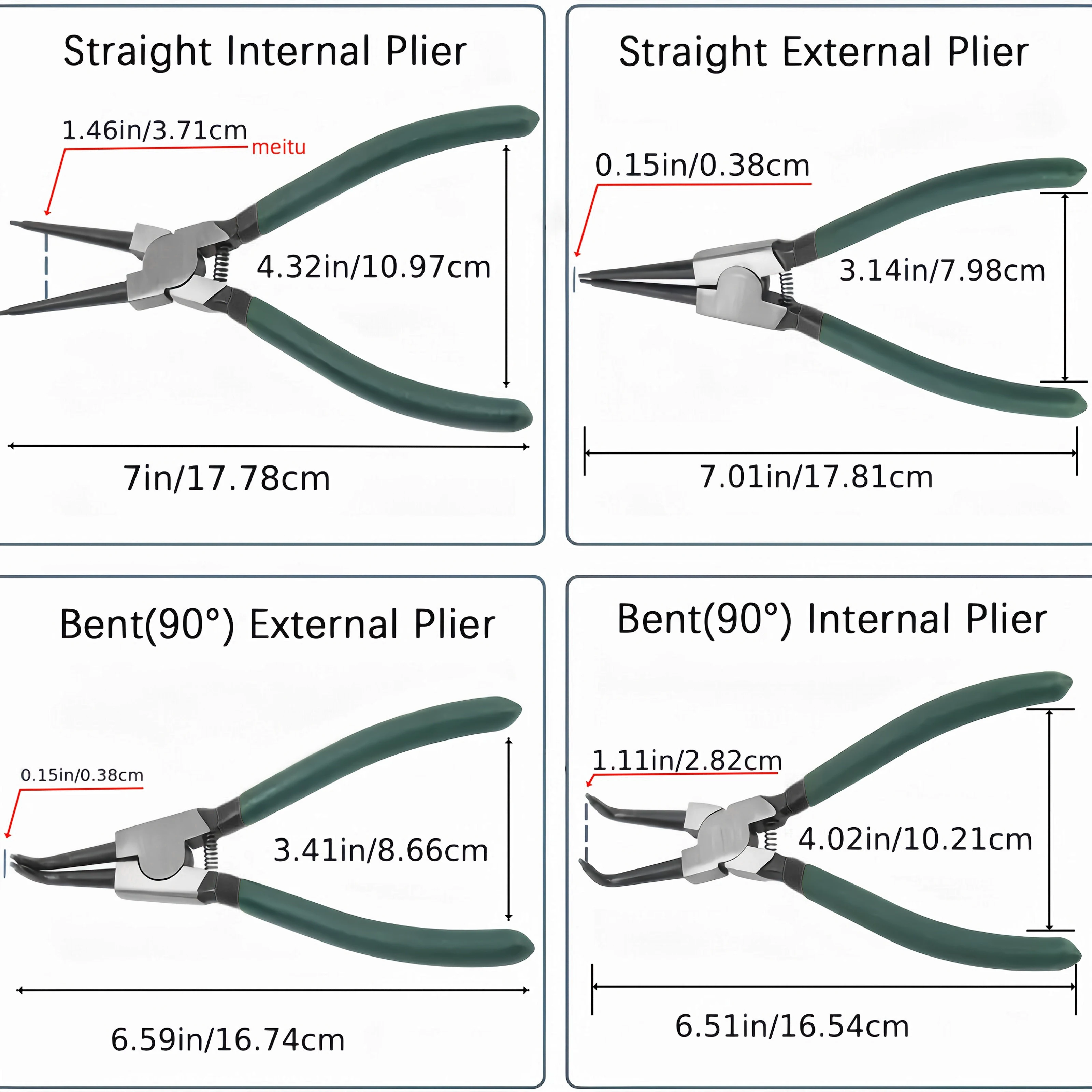 مجموعة 4 قطع من كماشة إحكام متعددة الوظائف، كماشة حلقة الاحتفاظ الداخلية والخارجية للاستخدام الصناعي والديك