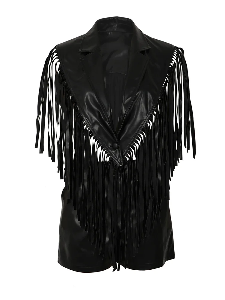 Sisterlinda Hipster PU 2 pièces ensemble femmes dos nu profond col v revers gland bouton unique gilet + shorts Sexy Hottie Club Streetwear