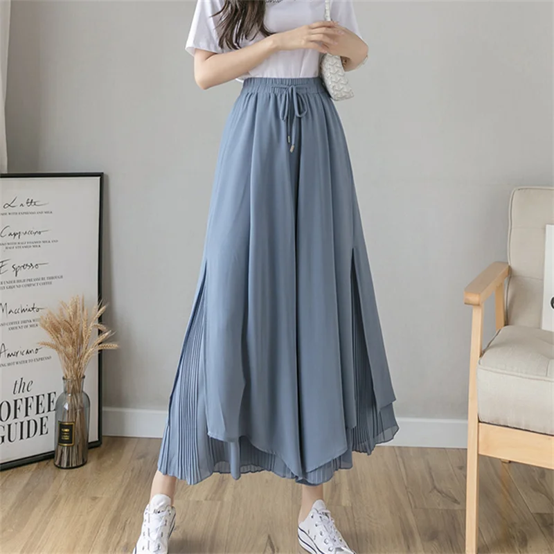 

2024 Summer Tie Bow Loose Wide Leg Pants Women Elastic High Waist Chiffon Pants Ladies Thin Ankle-Length Pleated Casual Trousers