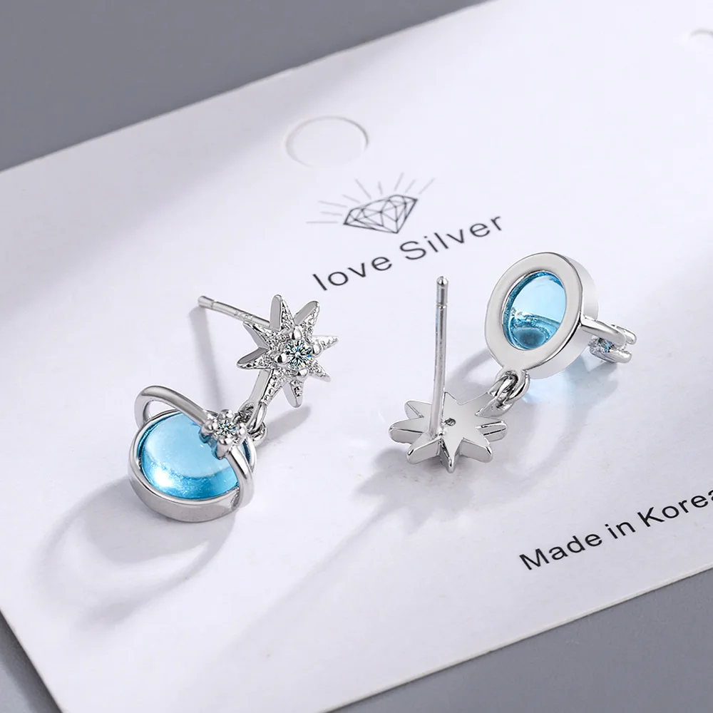 925 Sterling Silber Ohrringe Blau Stellar Zirkon Stud Ohrringe für Frauen Hochzeit Schmuck Geschenk Partei