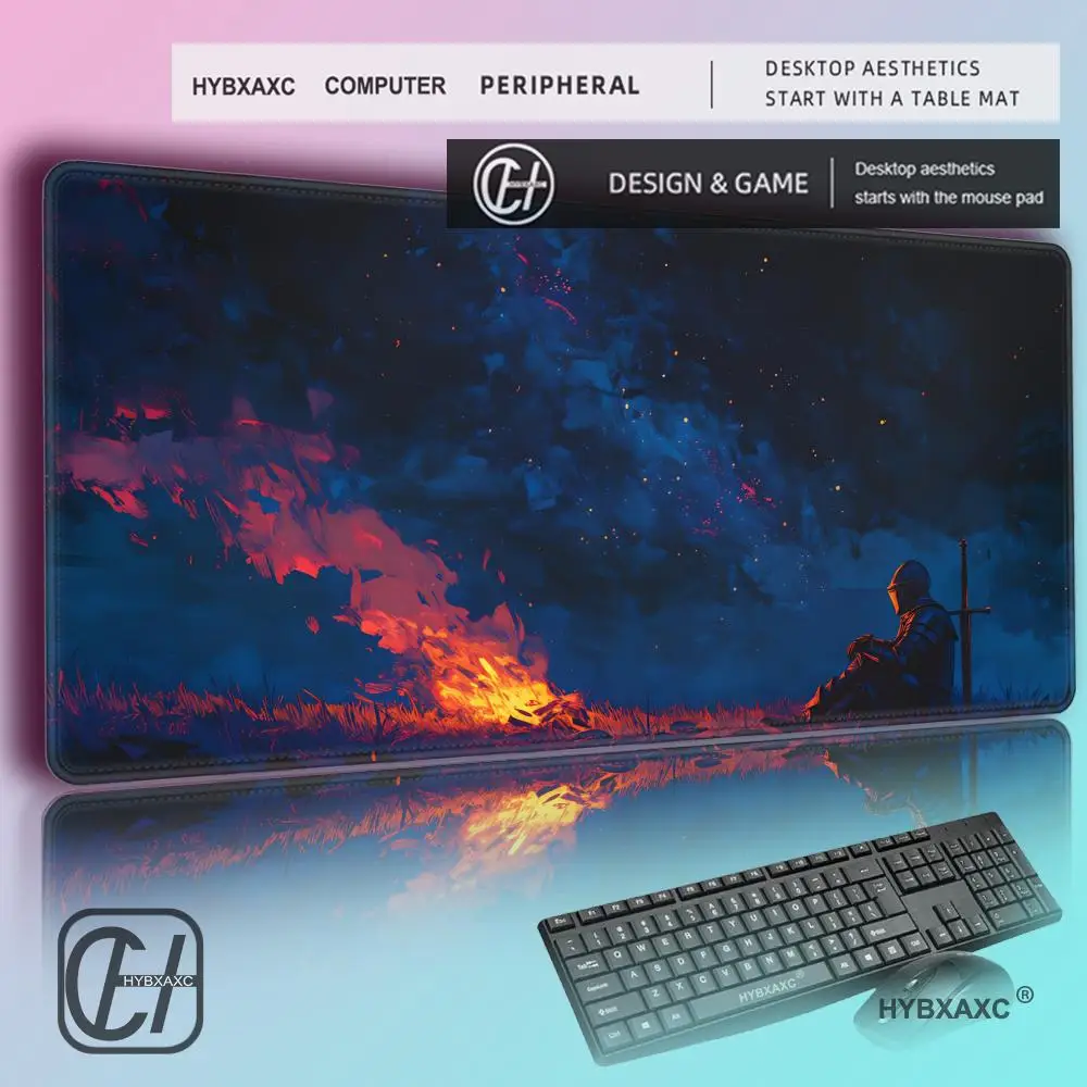 HYBXAXC Knight at Bonfire DeskMat DND Mousepad Darks Souls MousePad Fantasy Table Top Cozy Vibes Aesthetic RPG  Elden Ring