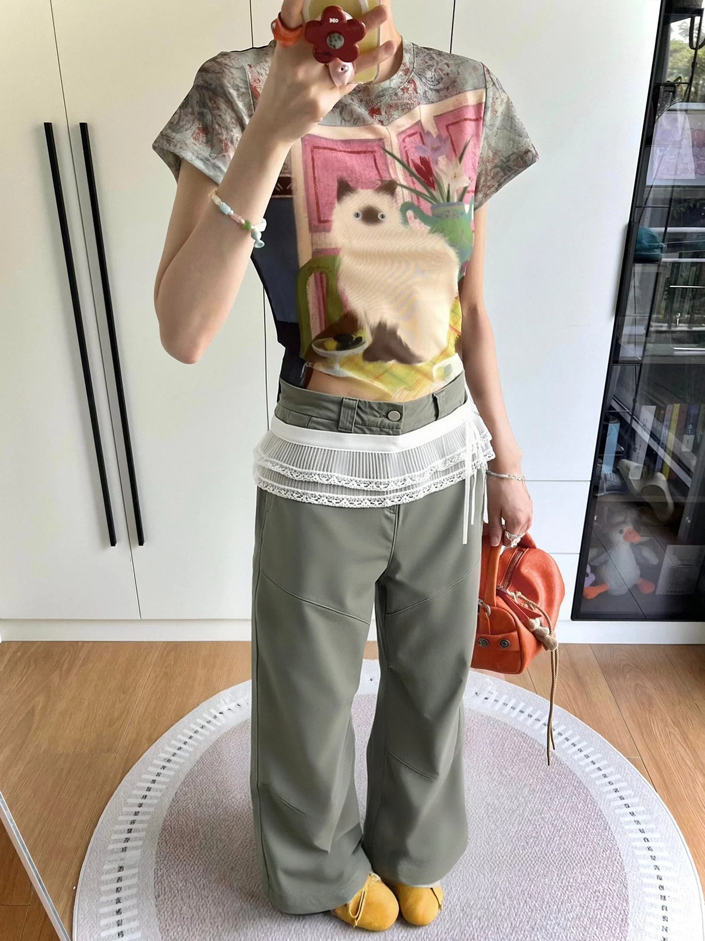 

Ретро-американские рабочие брюки для женщин: весенние модные брюки с кружевными вставками, низкой талией, широкими штанинами, свободного прямого кроя, длиной в пол