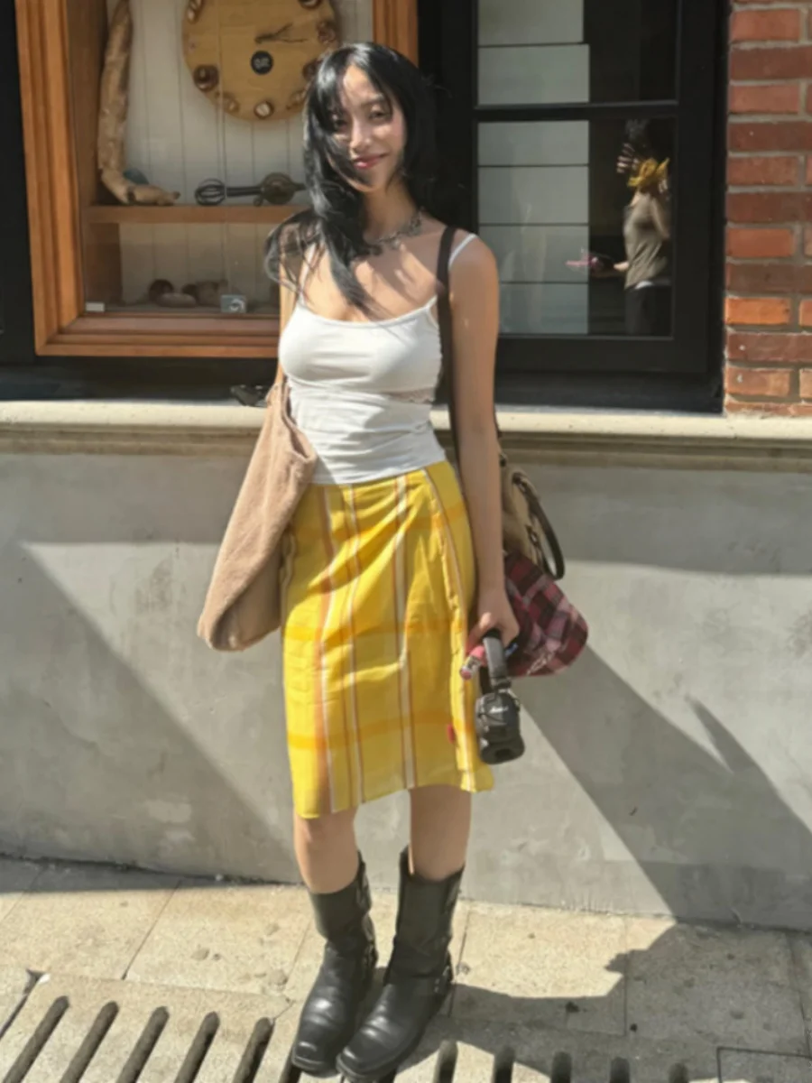 

Женская двухслойная шелковая юбка прямого кроя Lilystore в ретро-стиле, лимонно-желтая, в клетку, повседневная, с низкой талией, лето 2024