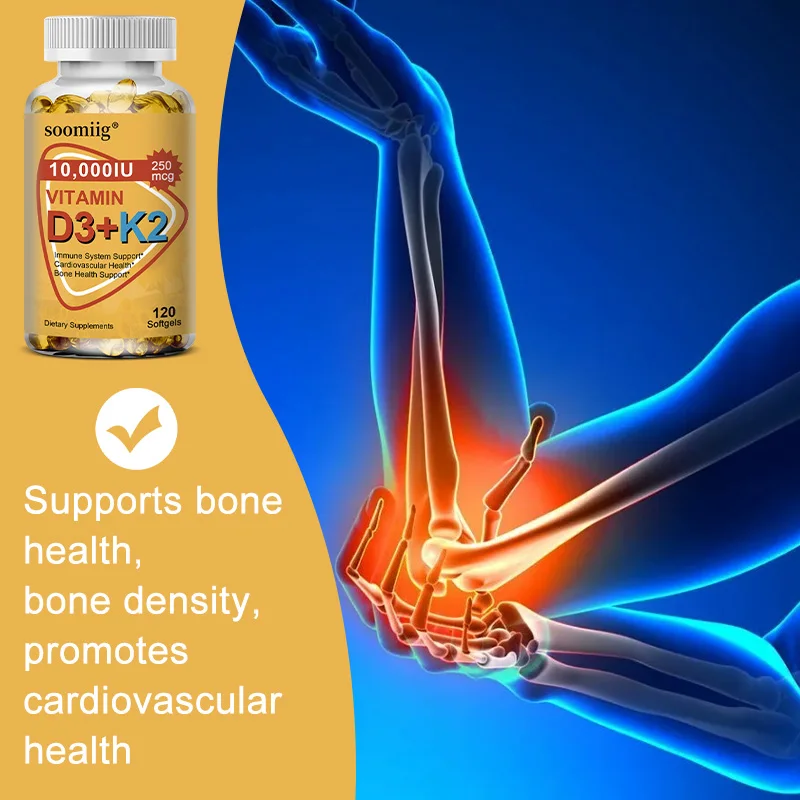 Vitamin D3 and K2 (mk7) Softgels Promote Calcium Absorption, Bone and Joint Health, and Improve Immunity