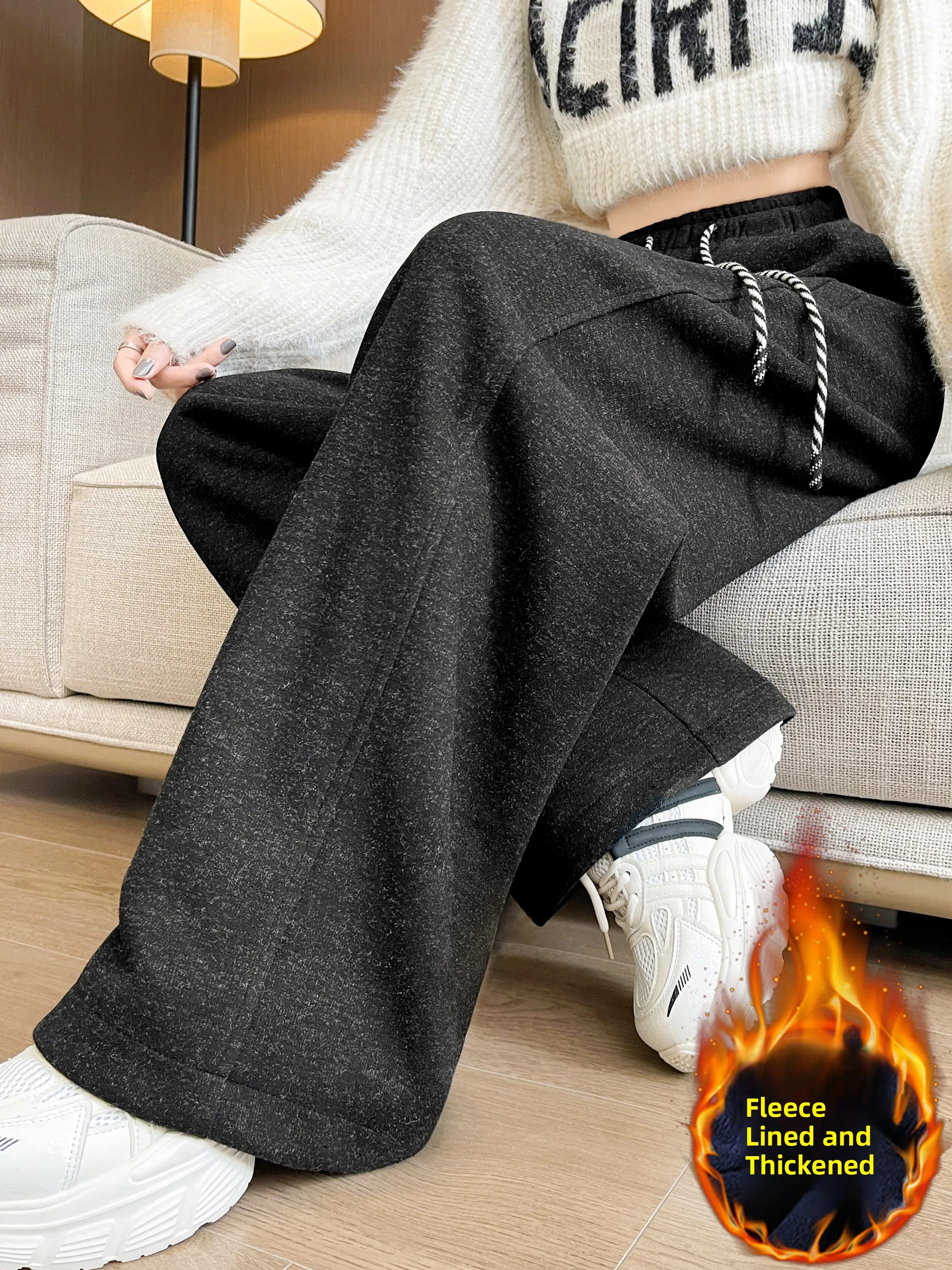 Taille haute Thiened Fce pantalon à jambes larges femme hiver petite taille minceur drapé sport pantalons de survêtement décontracté longueur au sol pantalon