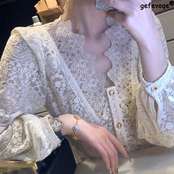 2022 New Summer Temperament V-neck Puff Sleeves Lace Shirts Apricot Thin Sexy Slim Button Blouses Korean Fashion Women Clothing