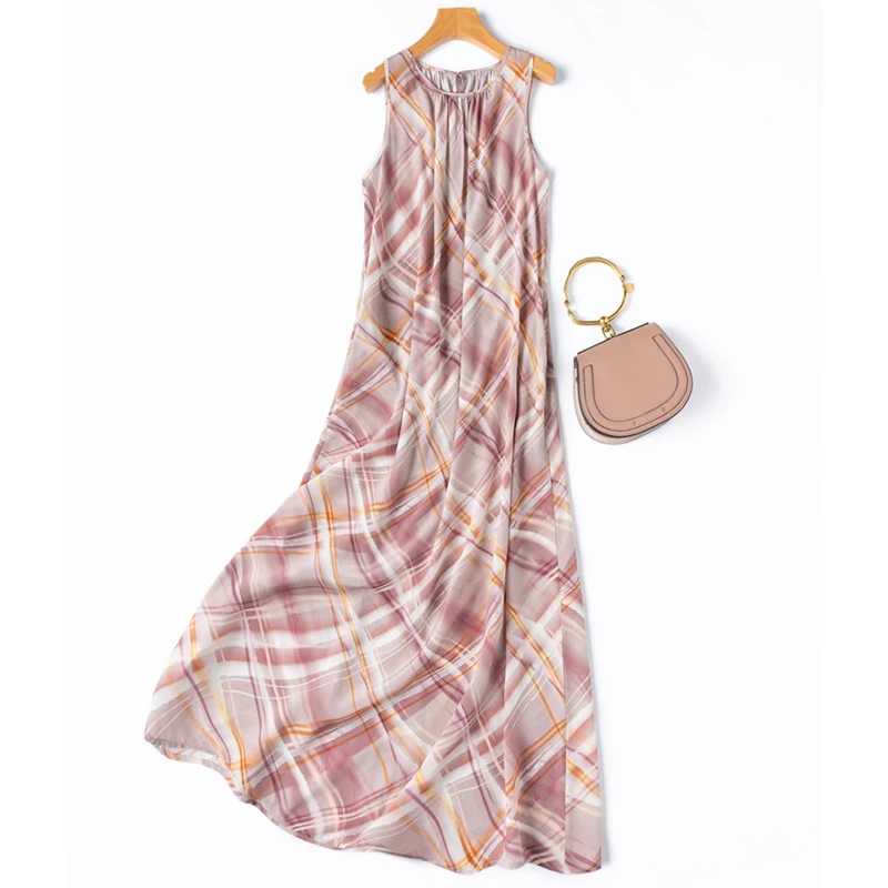 Damen-Trägerkleid aus Seide, 100 % Maulbeerseide, Kreppseide, 16 Momme, rosa Karos, bedruckt, ärmellos, A-Linie, Midikleid, Bürodame M1316