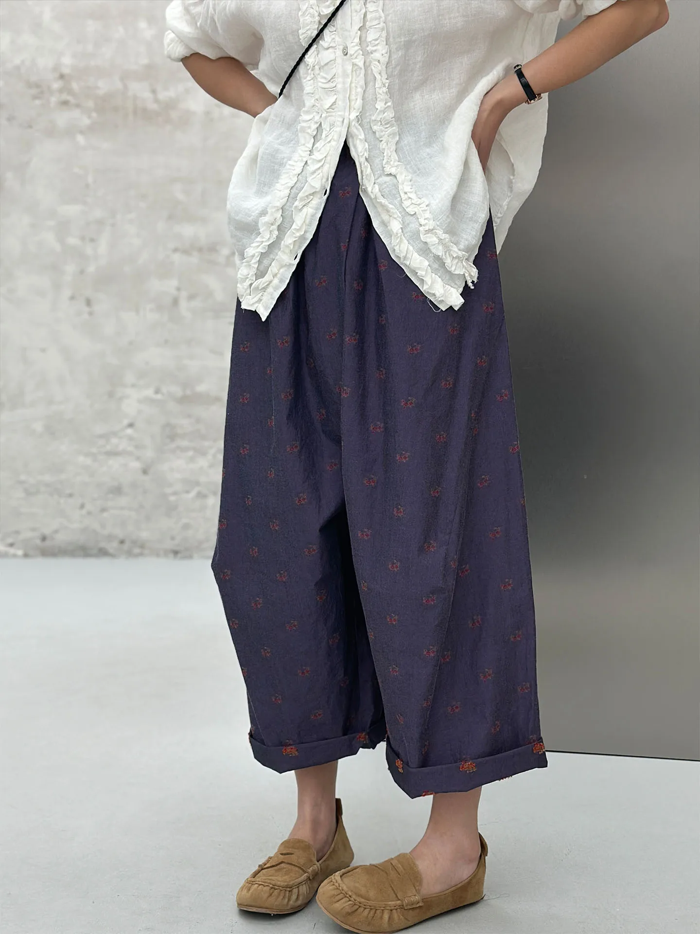 

Повседневные брюки BodhlCat с художественной цветочной вышивкой, эластичной талией, широкими штанинами, асимметричным дизайном, хлопковые, прямого кроя, женские