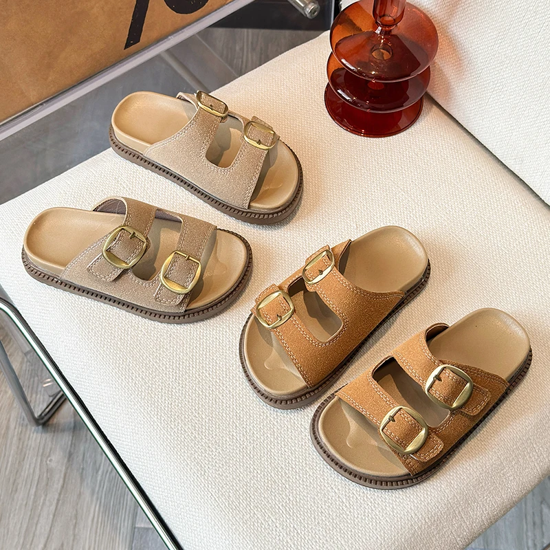 Children's Sandals Boys' Slippers Ages 3–18 Open-toe Beach Shoes for Boys and Girls Khaki Non-Slip Children's Flip-Flops Shoes