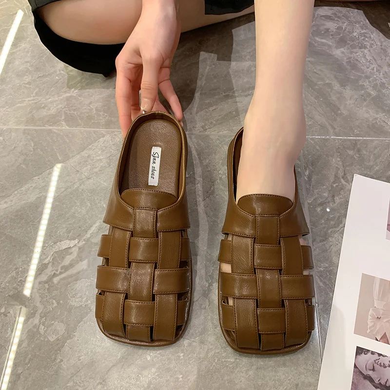 2023 Lazy Slippers For Women Shoes Outdoor Female Leather Square Toe Hollow Casual Comfortable Lazy Loafers Sandal Zapatos Mujer