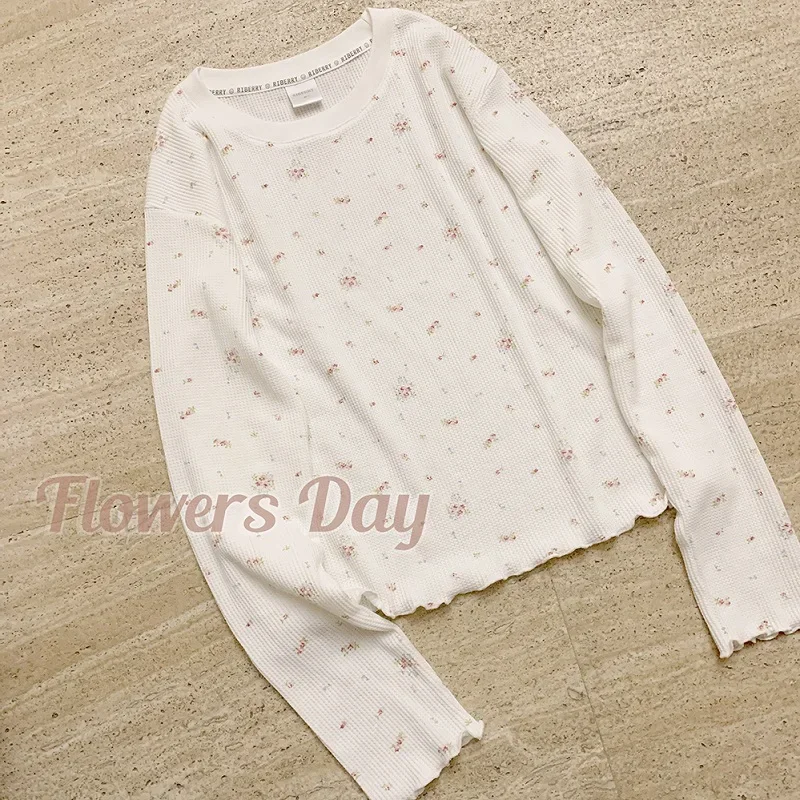 Cute Floral T-shirt Women Autumn Long Sleeve O-Neck Tops Tee Sweet Girl Kawaii Clothes