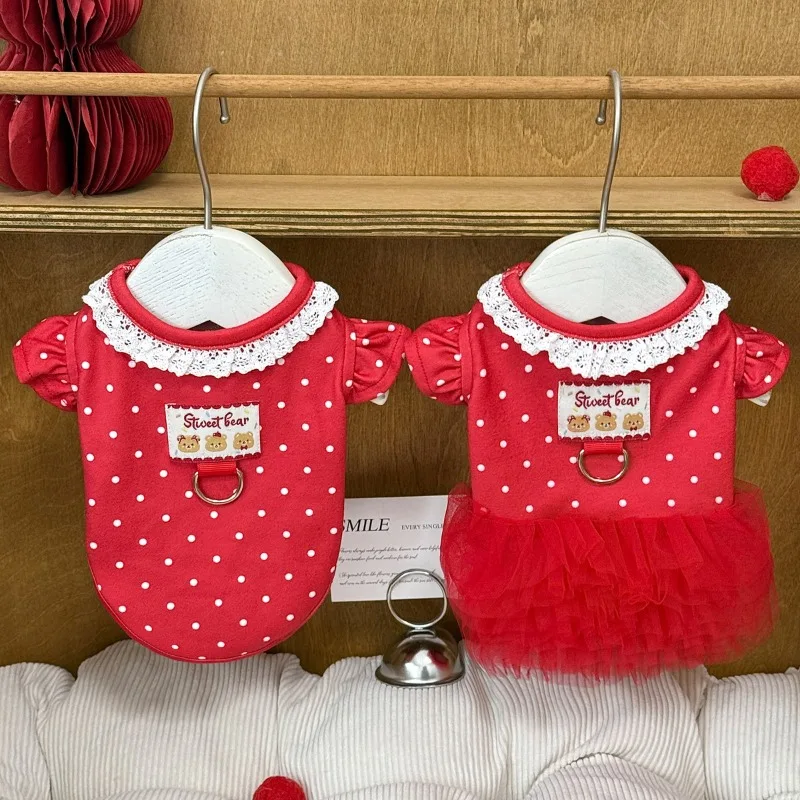 

Pet Spring Undershirt Red Polka Dot Princess Dress Teddy Cute Lace Vest Dog Clothes for Small Dogs Puppy Clothes