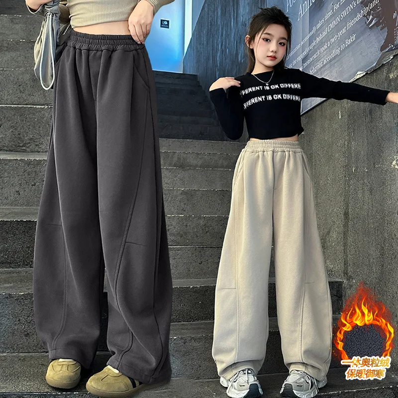 Girls\' Winter Plush-lined Casual Pants, New Autumn/Winter Collection, Loose Casual Pants for Big Kids, Winter Long Pants.