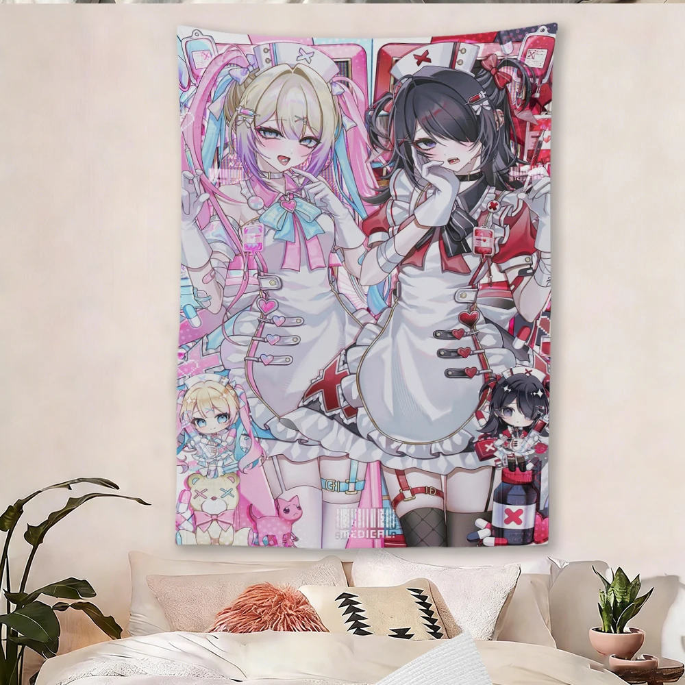 Kawaii Gothic Anime Nurse Girl Vertical Tapestry Medical Theme Wall Hanging Dorm Bedroom Aesthetic Decor