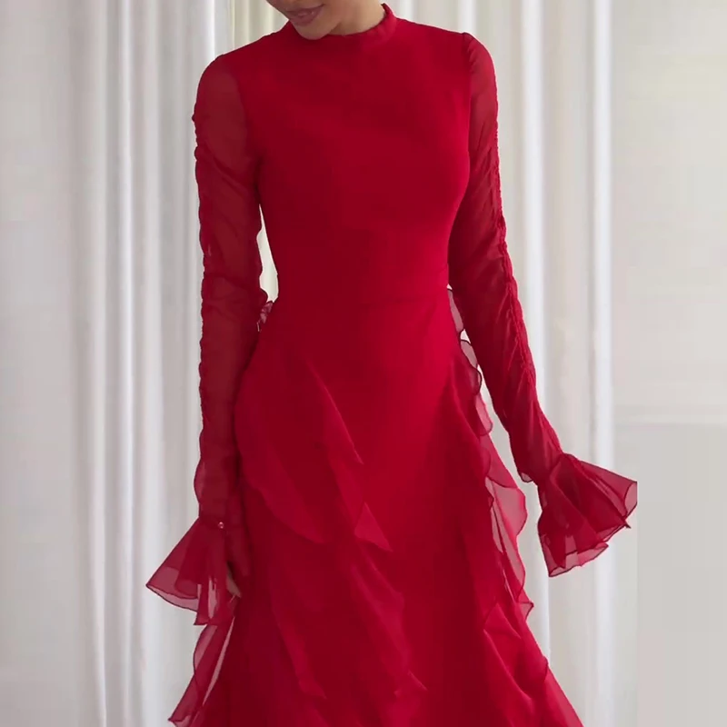 Elegant Solid Ruffles Evening Dresses Fall New Temperament Long Dress Fashion See Through Sleeve Half High Collar Chiffon Dress