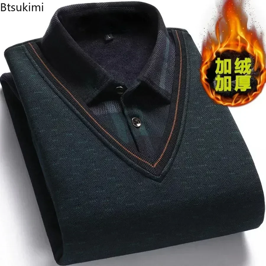 New Men's Winter Fake Two Pieces Knit Pullover Lapel Patchwork Warm Bottoming Shirt Fashion Casual Sweater Shirts Tops for Men