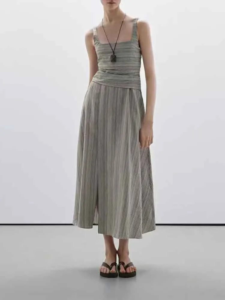 

European style new women's fashion versatile temperament leisure striped medium-length square neck vest dress