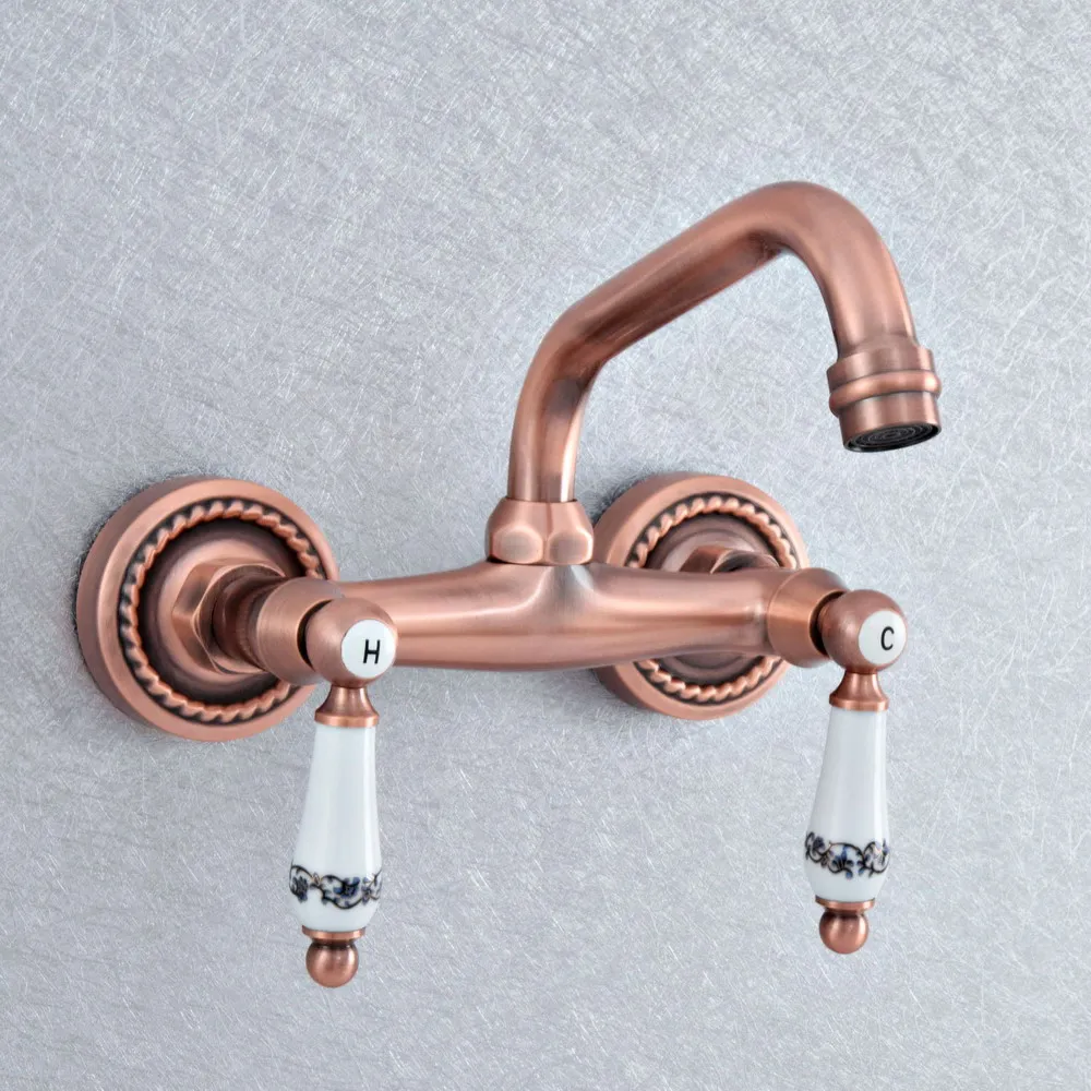 

Antique Red Copper Washbasin Faucet Wall Mount Kitchen Sink Faucet Swivel Spout Bathroom Basin Cold Hot Water Taps Dsf890