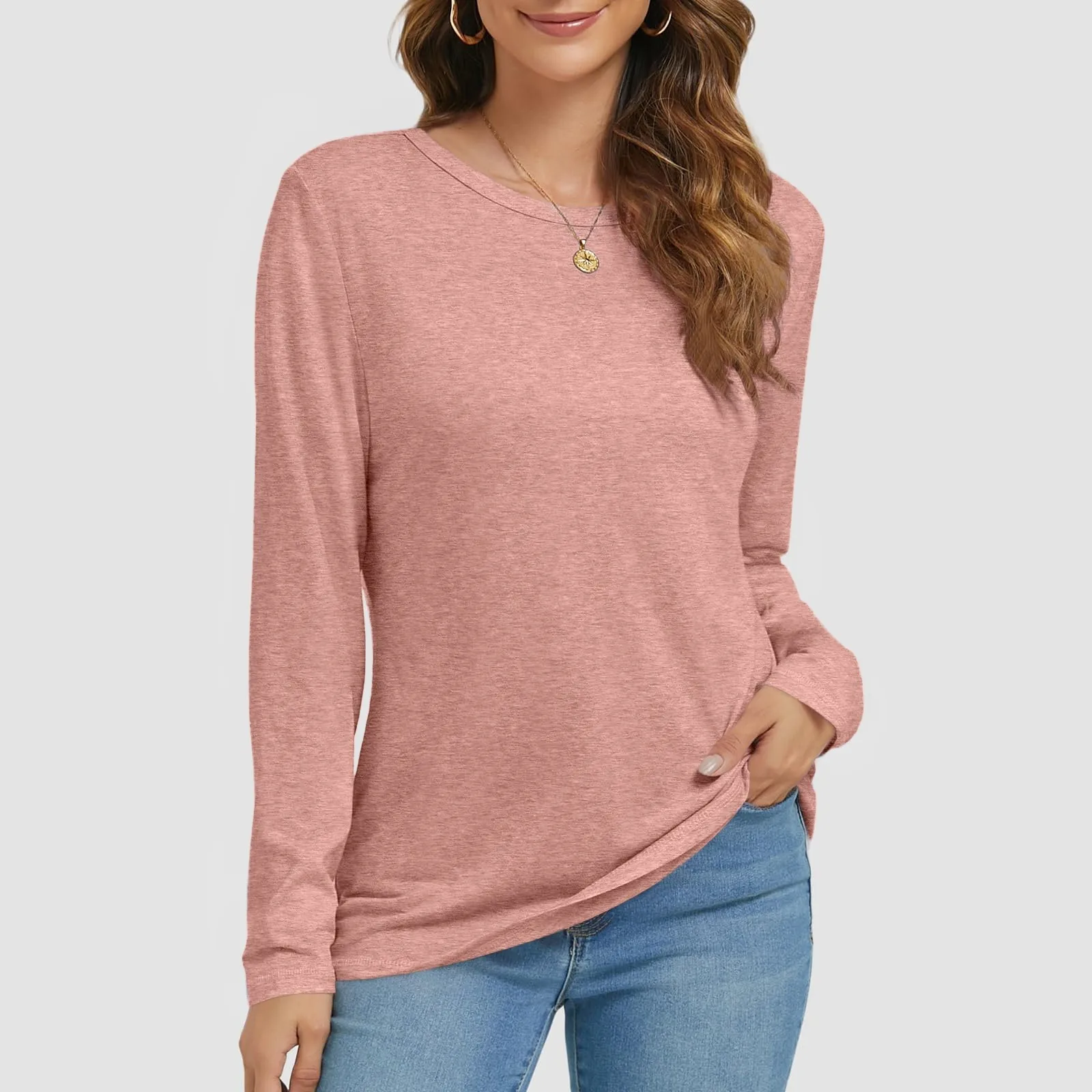 Crew Neck Solid Color Crop Top Women Long Sleeve Casual Loose Fitting T-Shirts Fashion Simple Basic Tunic Tops With Thumb Holes