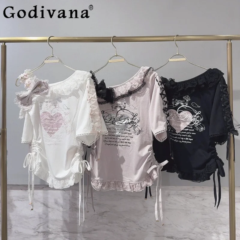 

Summer New Japanese Liz Sweet Short-sleeved Off-the-shoulder T-shirt Cute Bow Lace Splicing Love Letter Printing T-shirt Tops